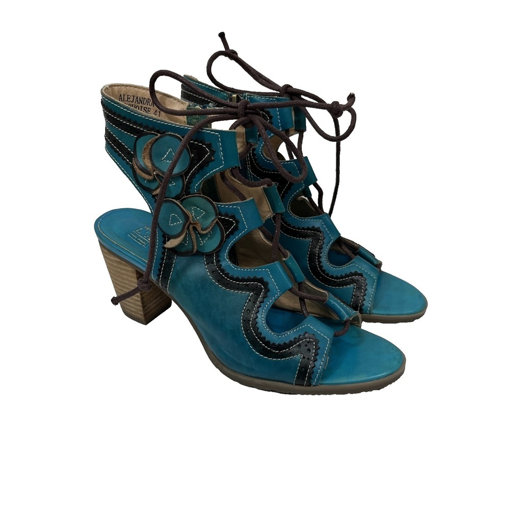 L Artiste Spring Step Alejandra Turquoise Leather Lace Up Floral Sandals 41